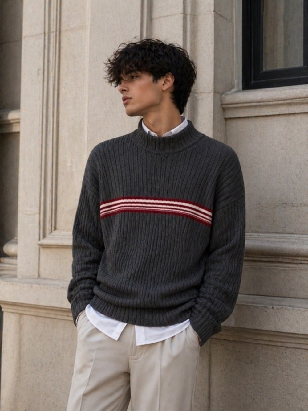 Bullhead Ribbed Mock Neck Sweater XL – Gray Knit with Red/White Stripe